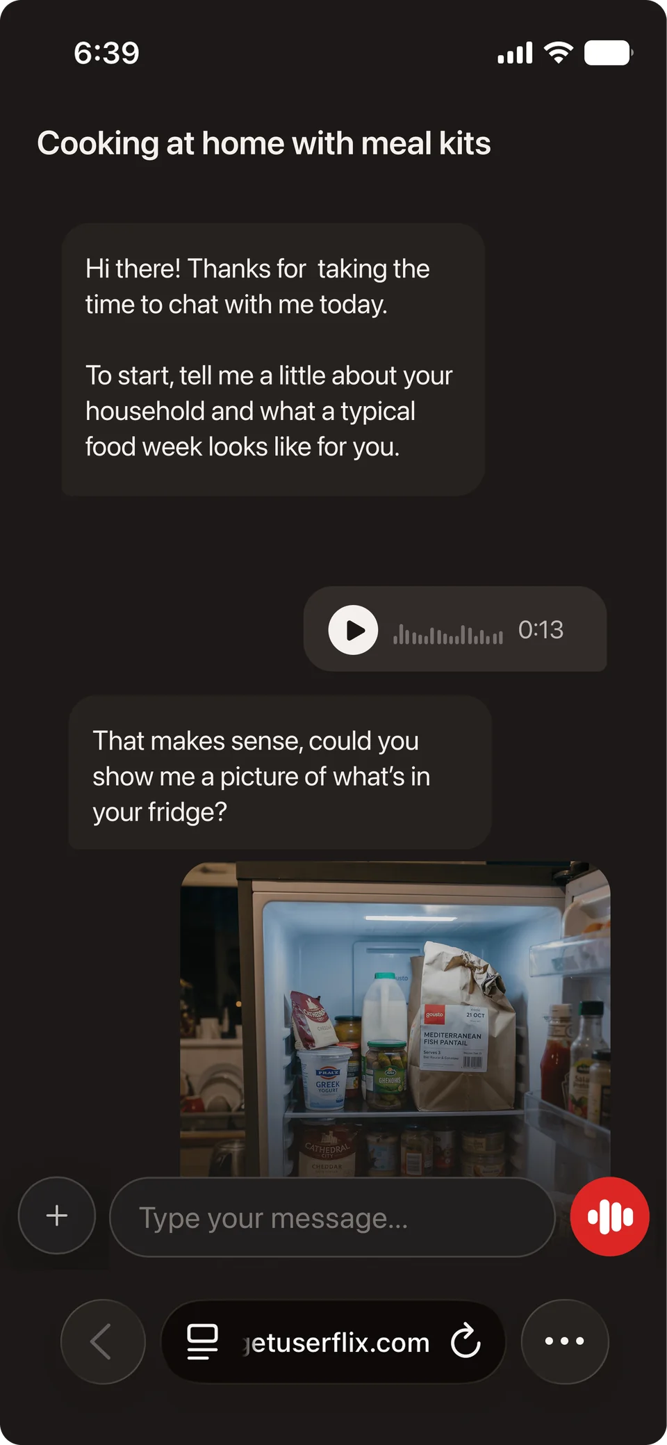 Messaging interview on a phone, with a voice note and a photo from the fridge